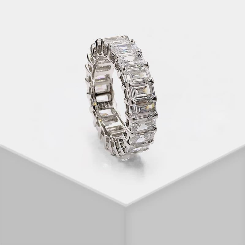 Anel Aparador de Aliança com Moissanite 3.5mm Prata 925 Pedras em Corte Esmeralda