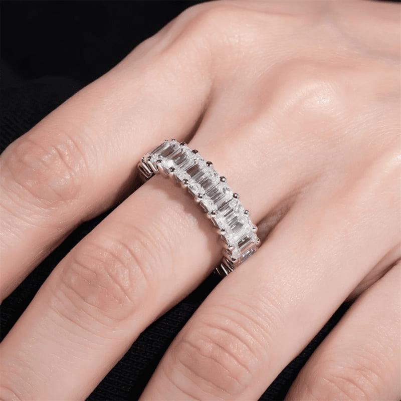 Anel Aparador de Aliança com Moissanite 3.5mm Prata 925 Pedras em Corte Esmeralda